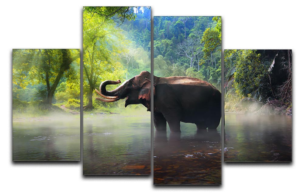 A stunning 4-split canvas artwork featuring a wild elephant in a lush forest, showcasing vibrant colors and intricate details.