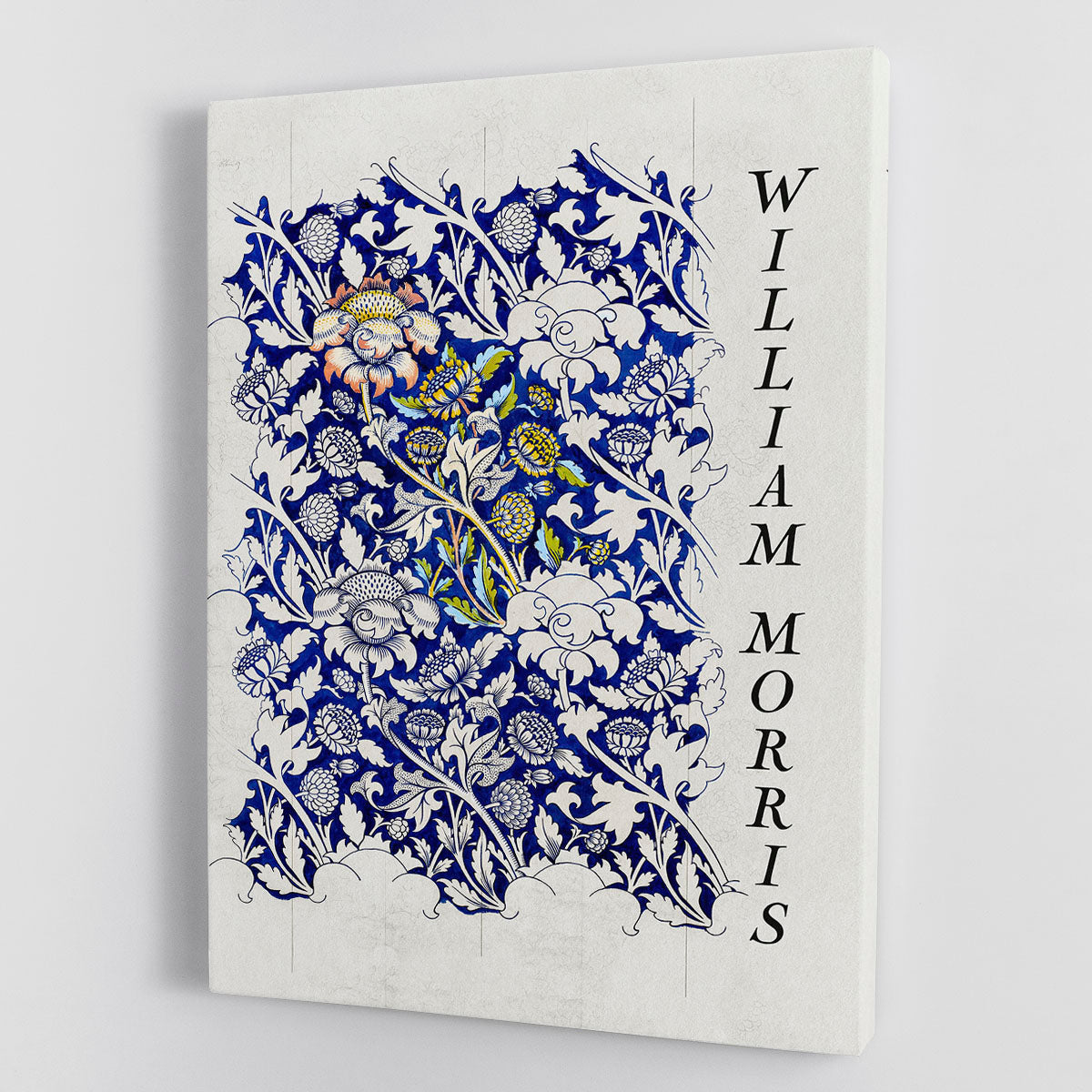 William Morris Wey Canvas Print featuring intricate floral patterns in vibrant colors, elegantly stretched over a wooden frame.