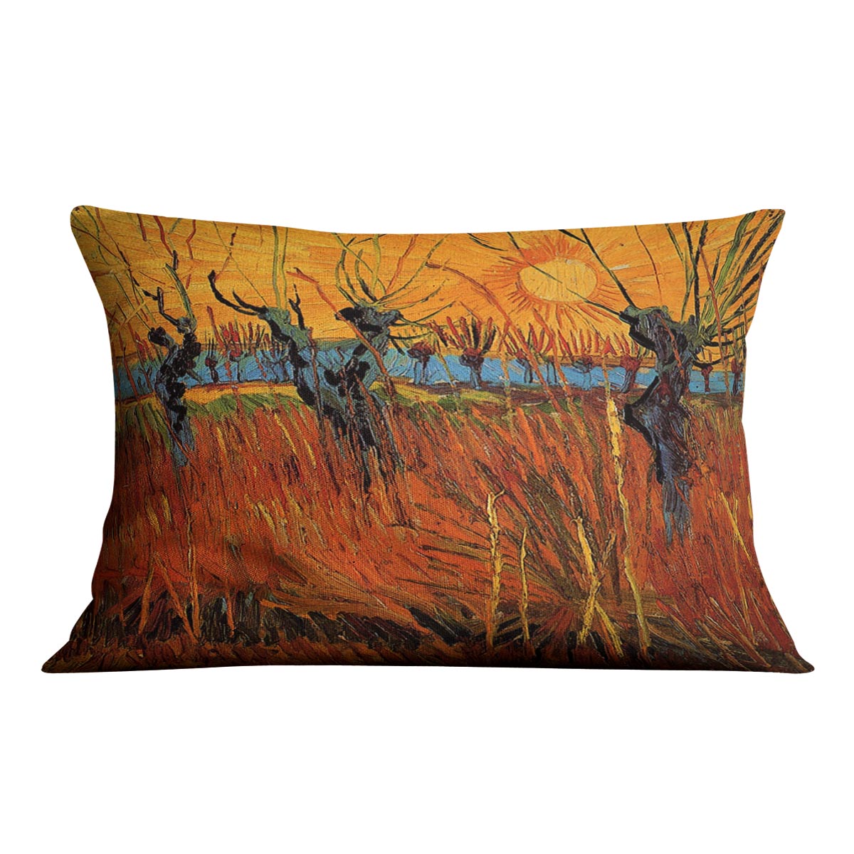 Willows at Sunset by Van Gogh Cushion featuring vibrant colors and luxurious vegan faux suede fabric, perfect for home decor.