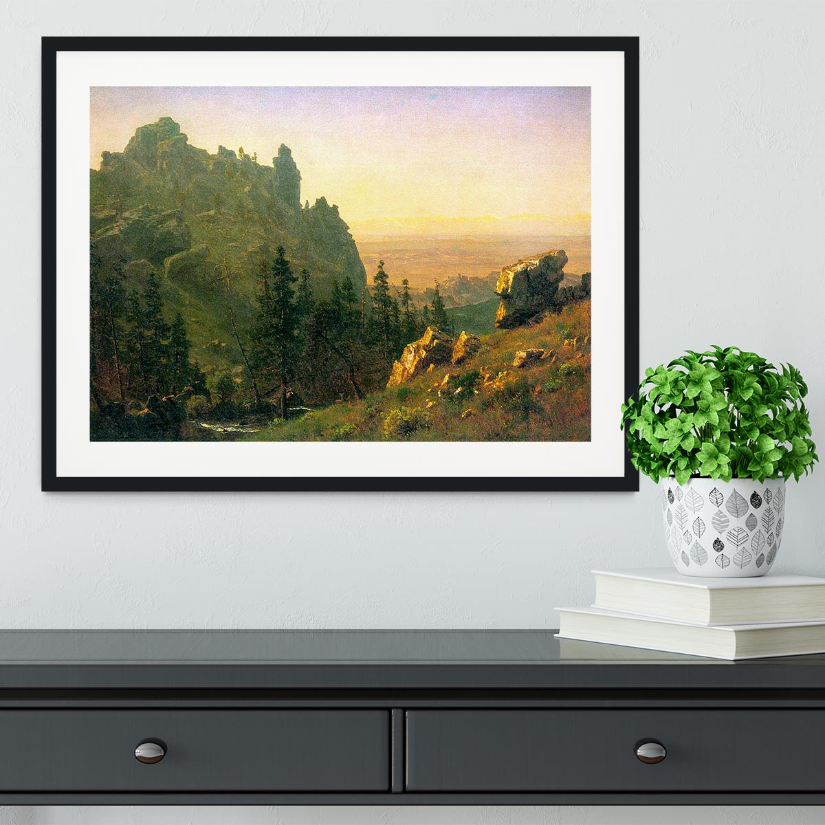 Framed print of Wind River Country by Bierstadt, showcasing vibrant landscapes in a handmade frame.