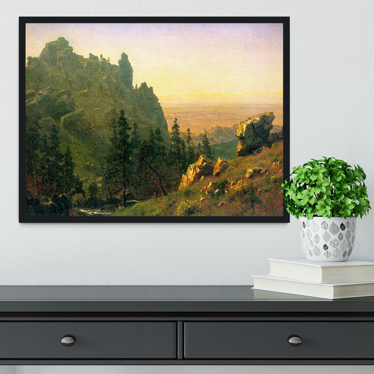Framed print of Wind River Country by Bierstadt, showcasing vibrant landscapes in a handmade frame.