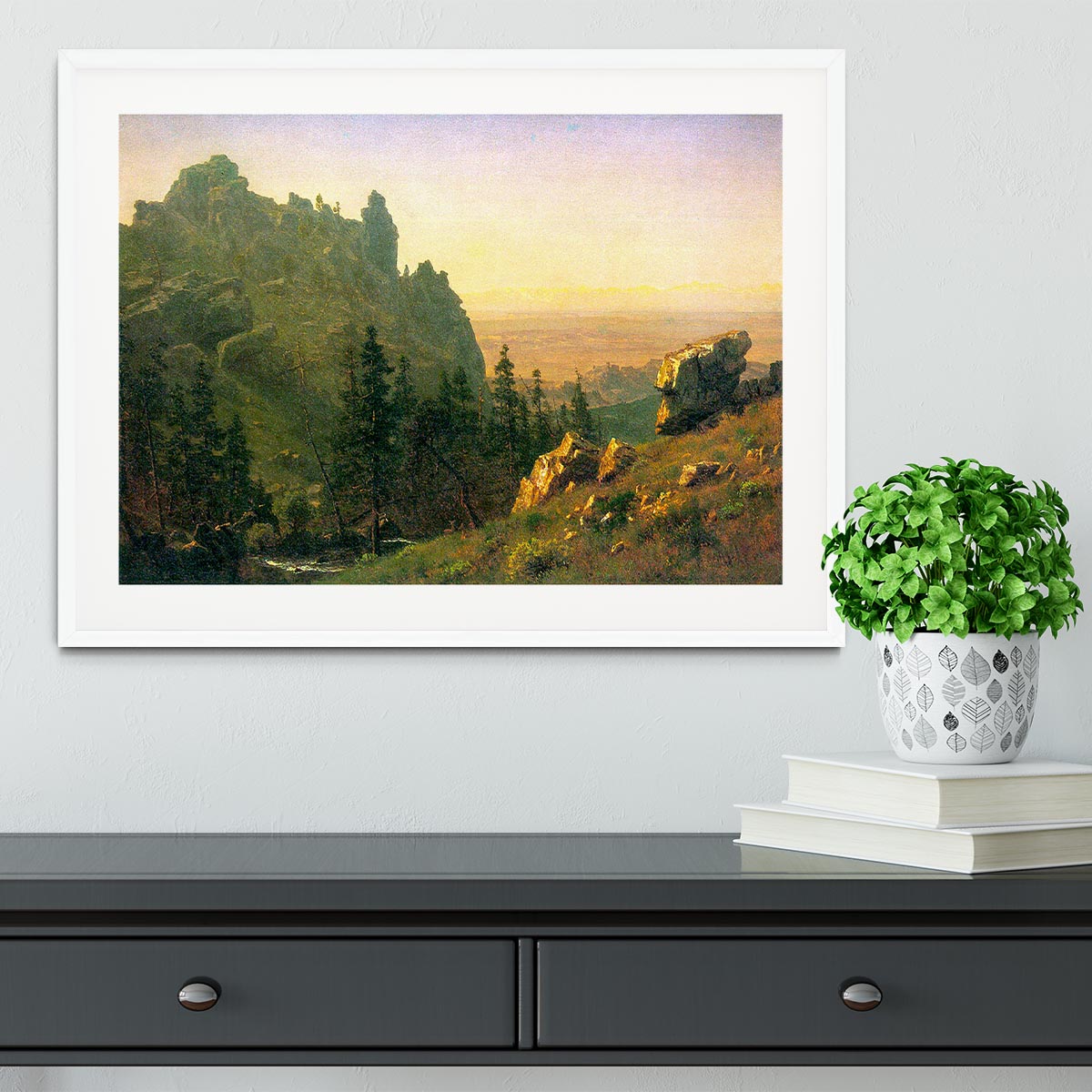 Framed print of Wind River Country by Bierstadt, showcasing vibrant landscapes in a handmade frame.
