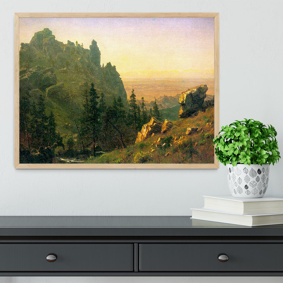 Framed print of Wind River Country by Bierstadt, showcasing vibrant landscapes in a handmade frame.