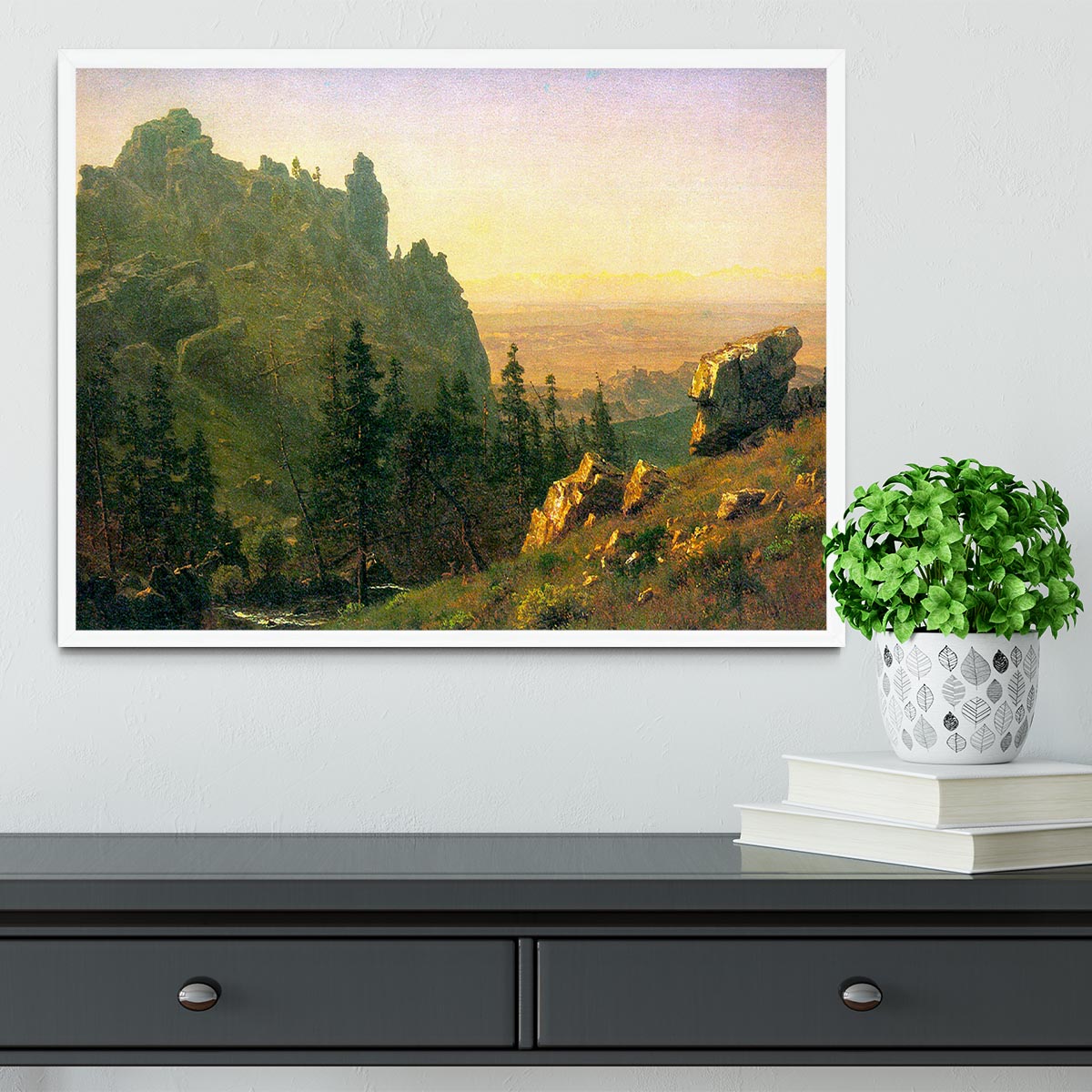 Framed print of Wind River Country by Bierstadt, showcasing vibrant landscapes in a handmade frame.