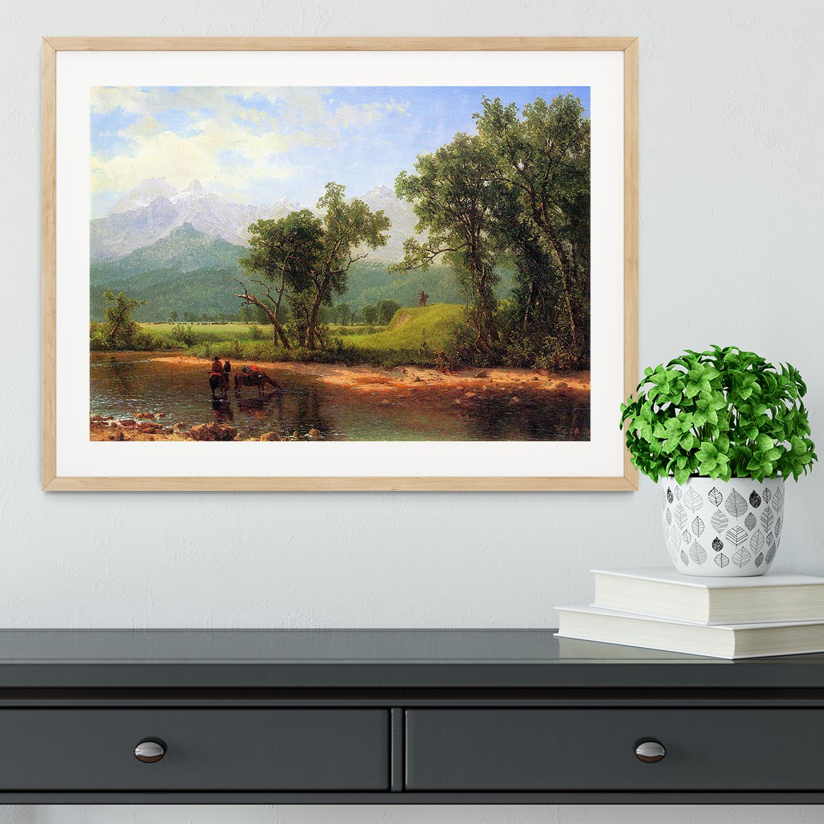 Framed print of Wind River Mountains landscape by Bierstadt, showcasing vibrant colors and intricate details.