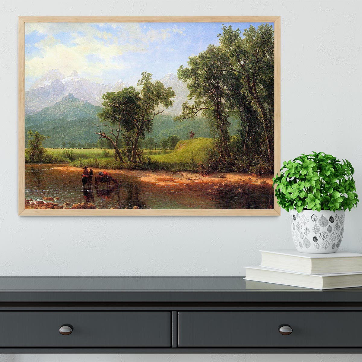 Framed print of Wind River Mountains landscape by Bierstadt, showcasing vibrant colors and intricate details.