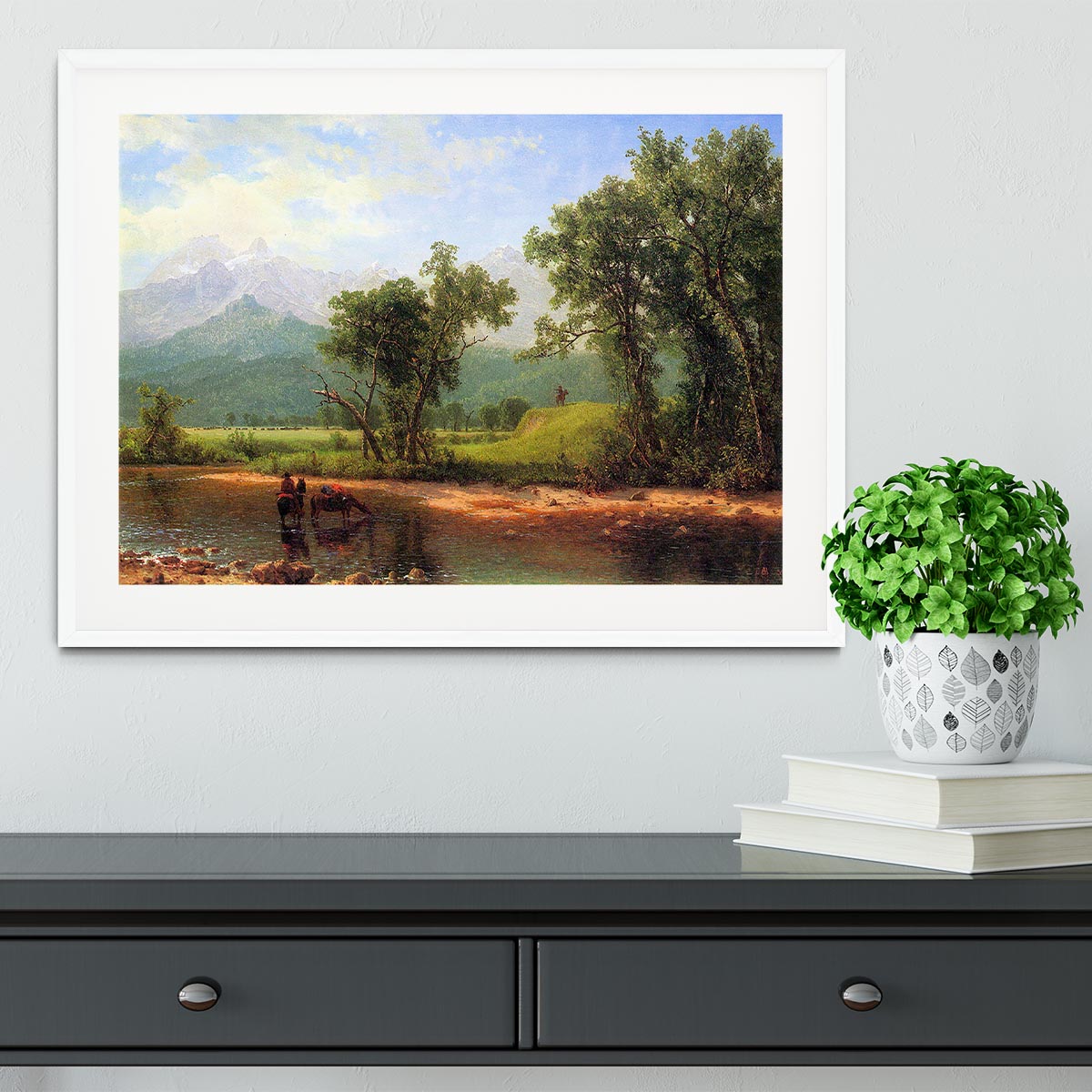 Framed print of Wind River Mountains landscape by Bierstadt, showcasing vibrant colors and intricate details.