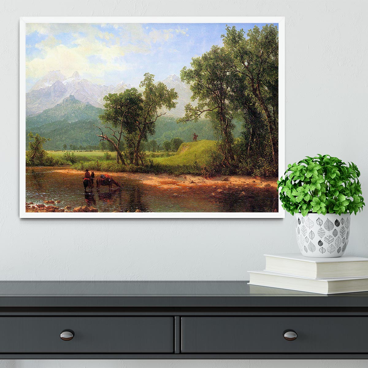 Framed print of Wind River Mountains landscape by Bierstadt, showcasing vibrant colors and intricate details.