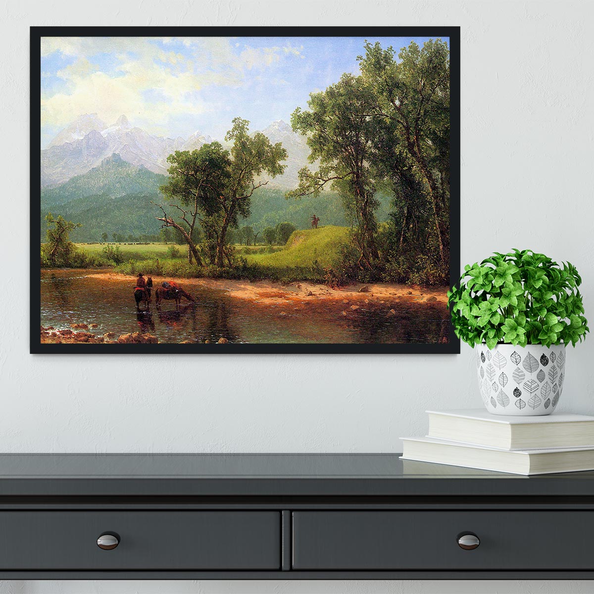 Framed print of Wind River Mountains landscape by Bierstadt, showcasing vibrant colors and intricate details.