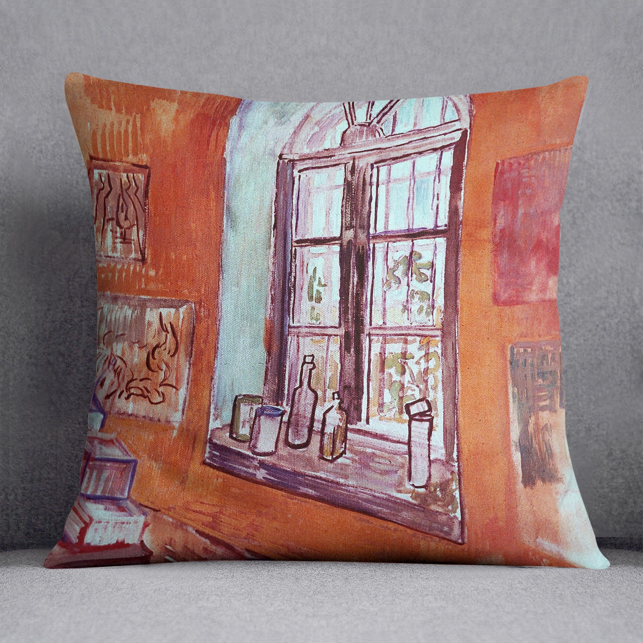 A vibrant cushion featuring Van Gogh's 'Window of Vincent's Studio at the Asylum' design, made from luxurious vegan faux suede.