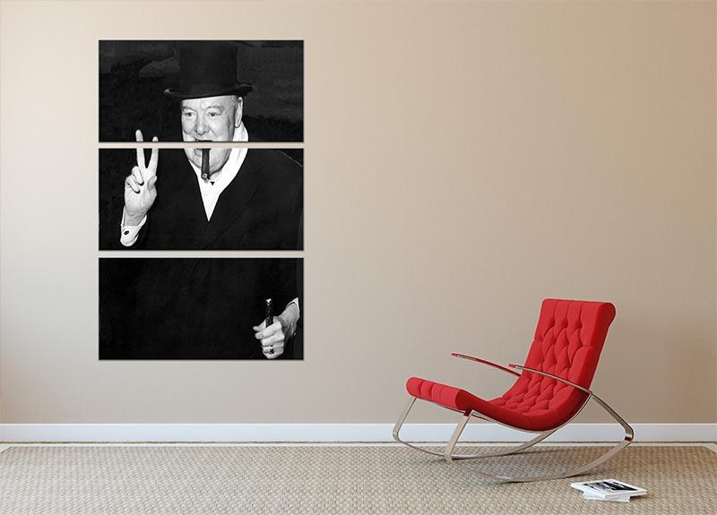 Winston Churchill giving the victory sign depicted in a stunning 3-panel canvas print, showcasing historical significance and artistic elegance.