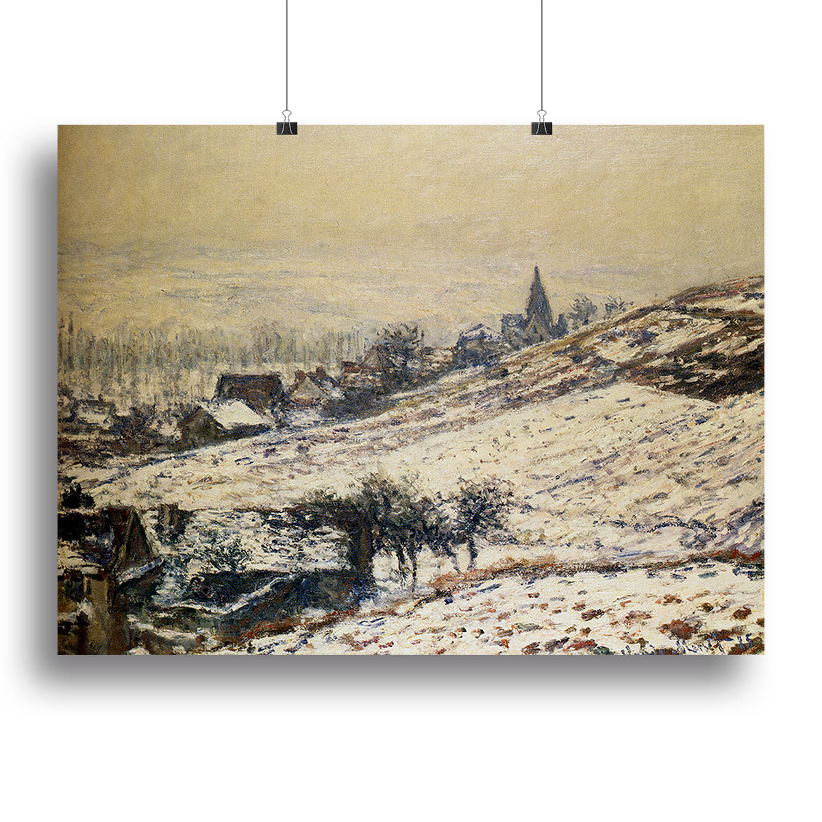 Canvas print of Winter At Giverny 1885 by Monet, showcasing serene winter landscape with soft colors and intricate details.
