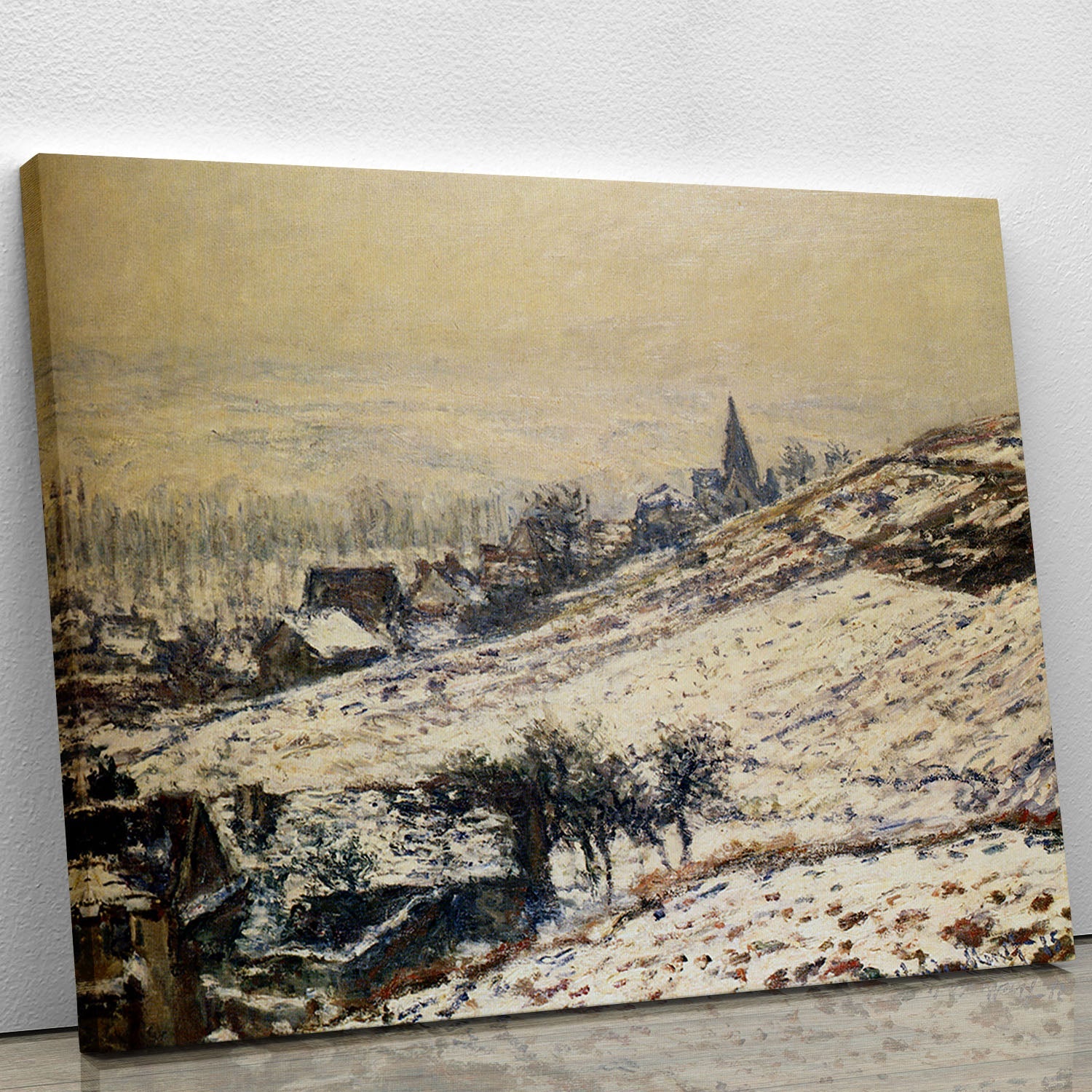 Canvas print of Winter At Giverny 1885 by Monet, showcasing serene winter landscape with soft colors and intricate details.