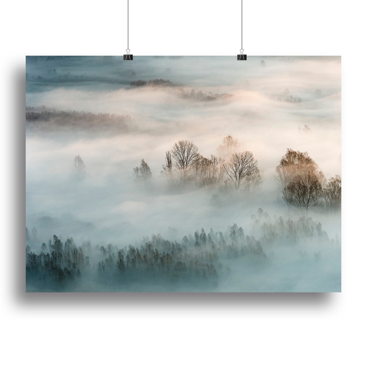 A beautiful canvas print featuring a serene winter fog landscape, showcasing soft hues and a tranquil atmosphere.