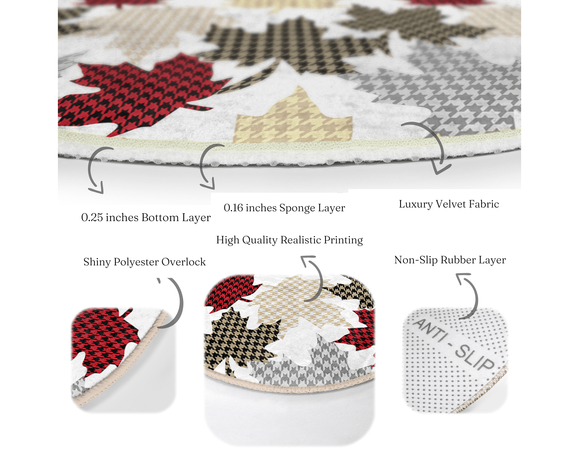 A cozy round rug featuring a vibrant maple leaf pattern, perfect for winter home decor, showcasing rich colors and soft texture.