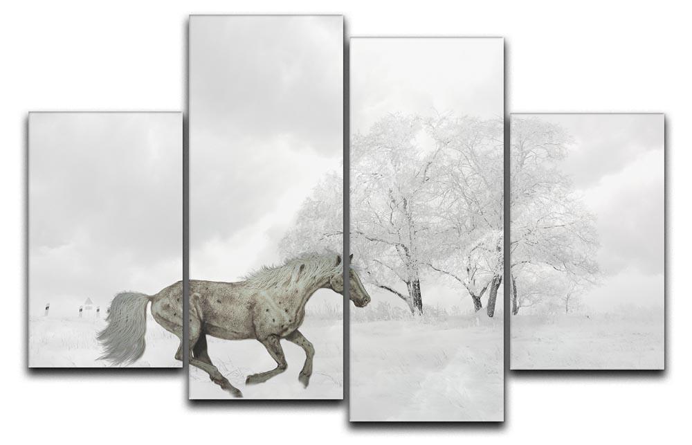 A beautiful 4-split canvas artwork featuring horses in a winter landscape, showcasing dynamic panels that create a cohesive image.