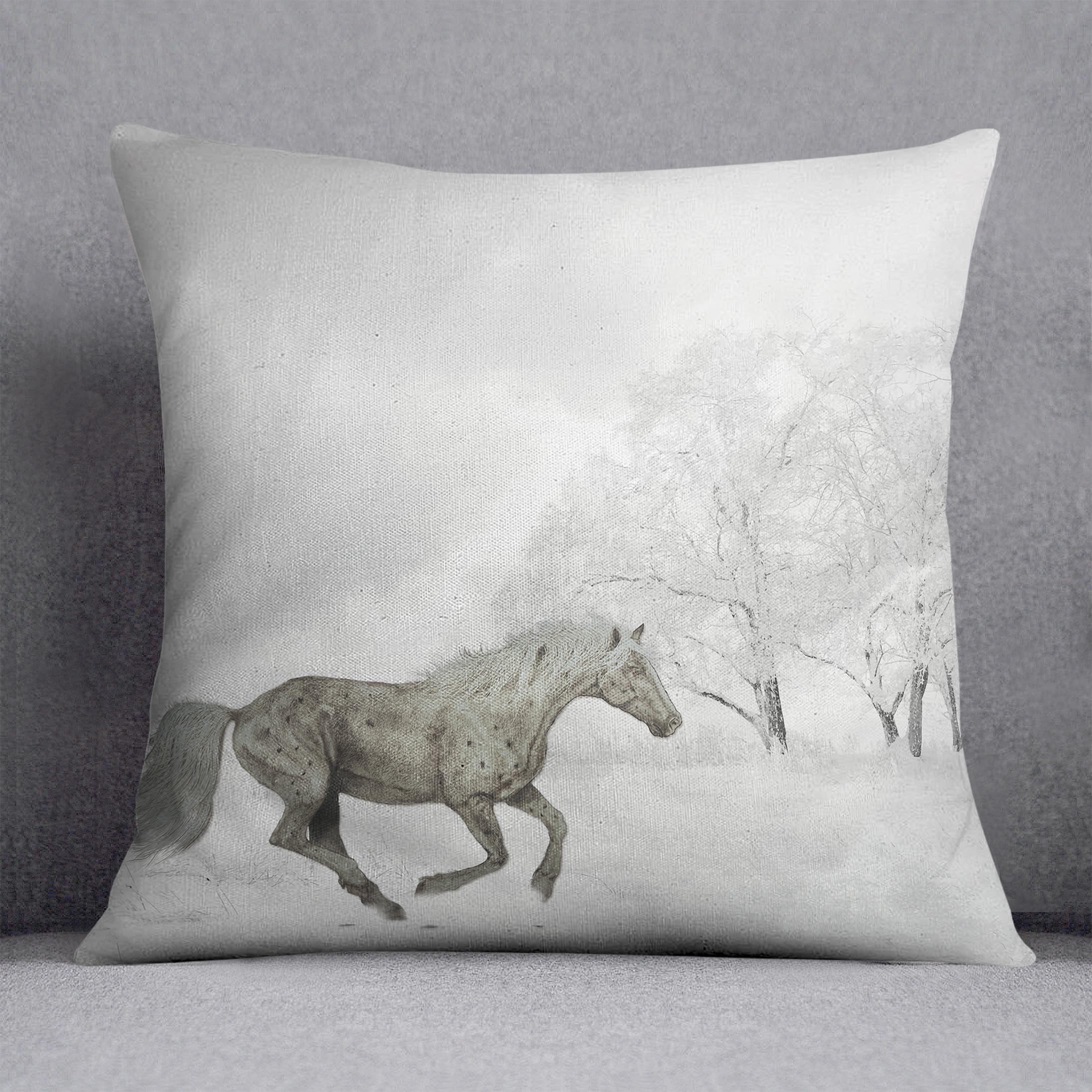 A vibrant Winter Horse Cushion featuring abstract designs on luxurious vegan faux suede, showcasing its plush filling and handmade quality.