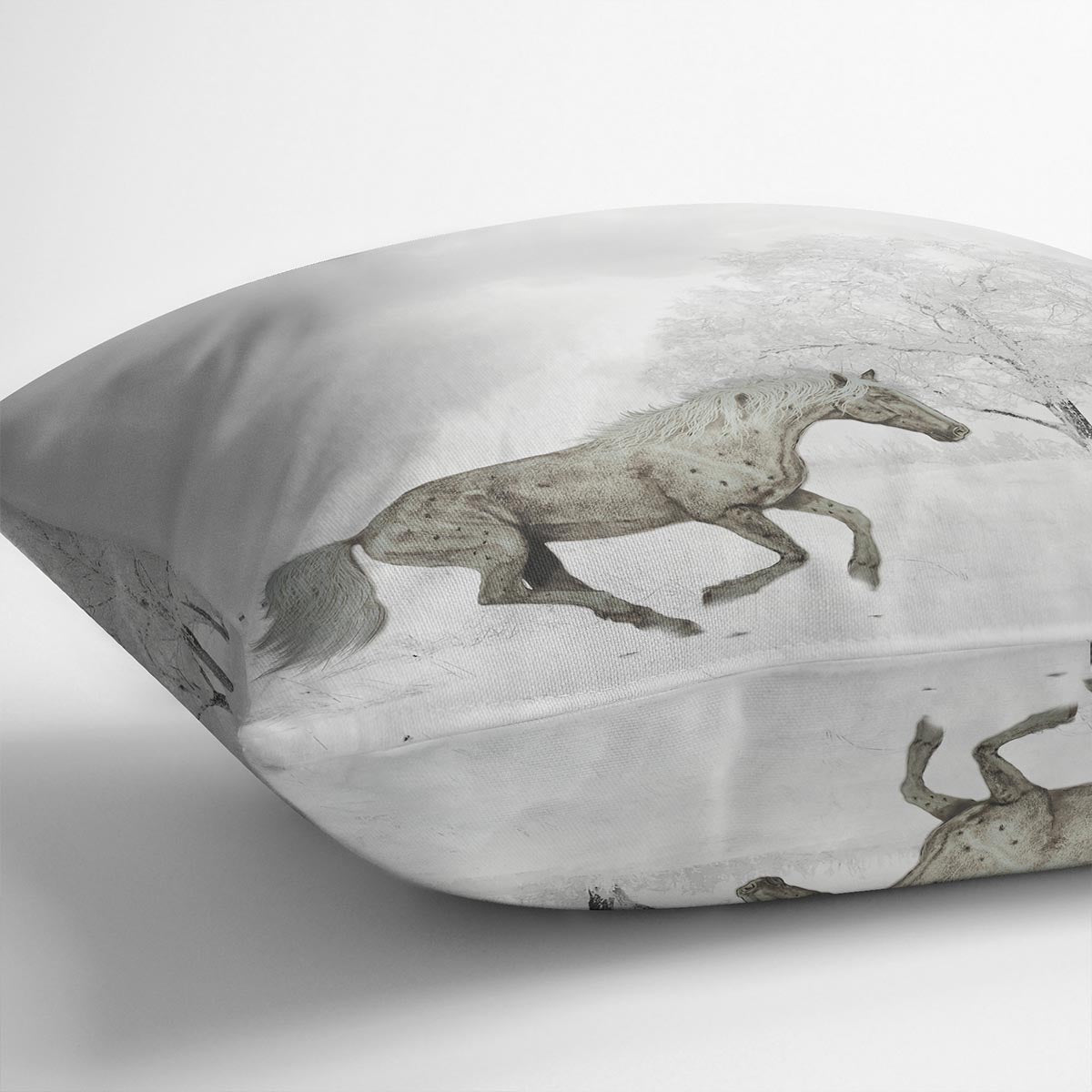 A vibrant Winter Horse Cushion featuring abstract designs on luxurious vegan faux suede, showcasing its plush filling and handmade quality.