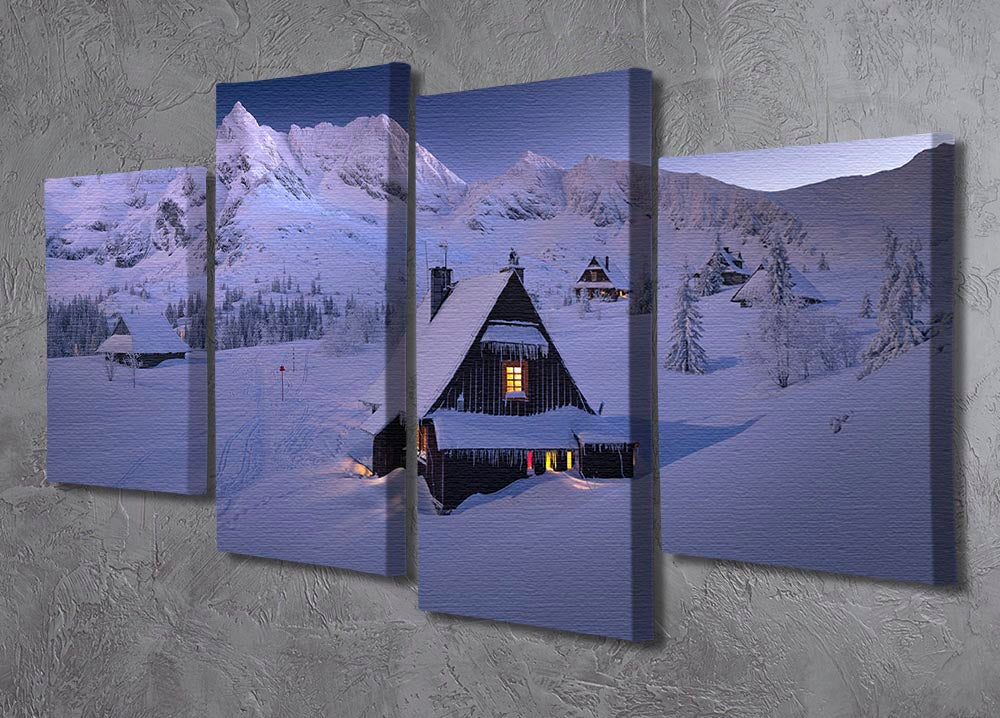 A beautiful 4-split canvas artwork depicting a serene winter hut scene, showcasing four panels that create a cohesive and dynamic visual effect.