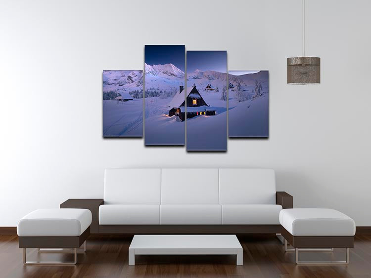 A beautiful 4-split canvas artwork depicting a serene winter hut scene, showcasing four panels that create a cohesive and dynamic visual effect.