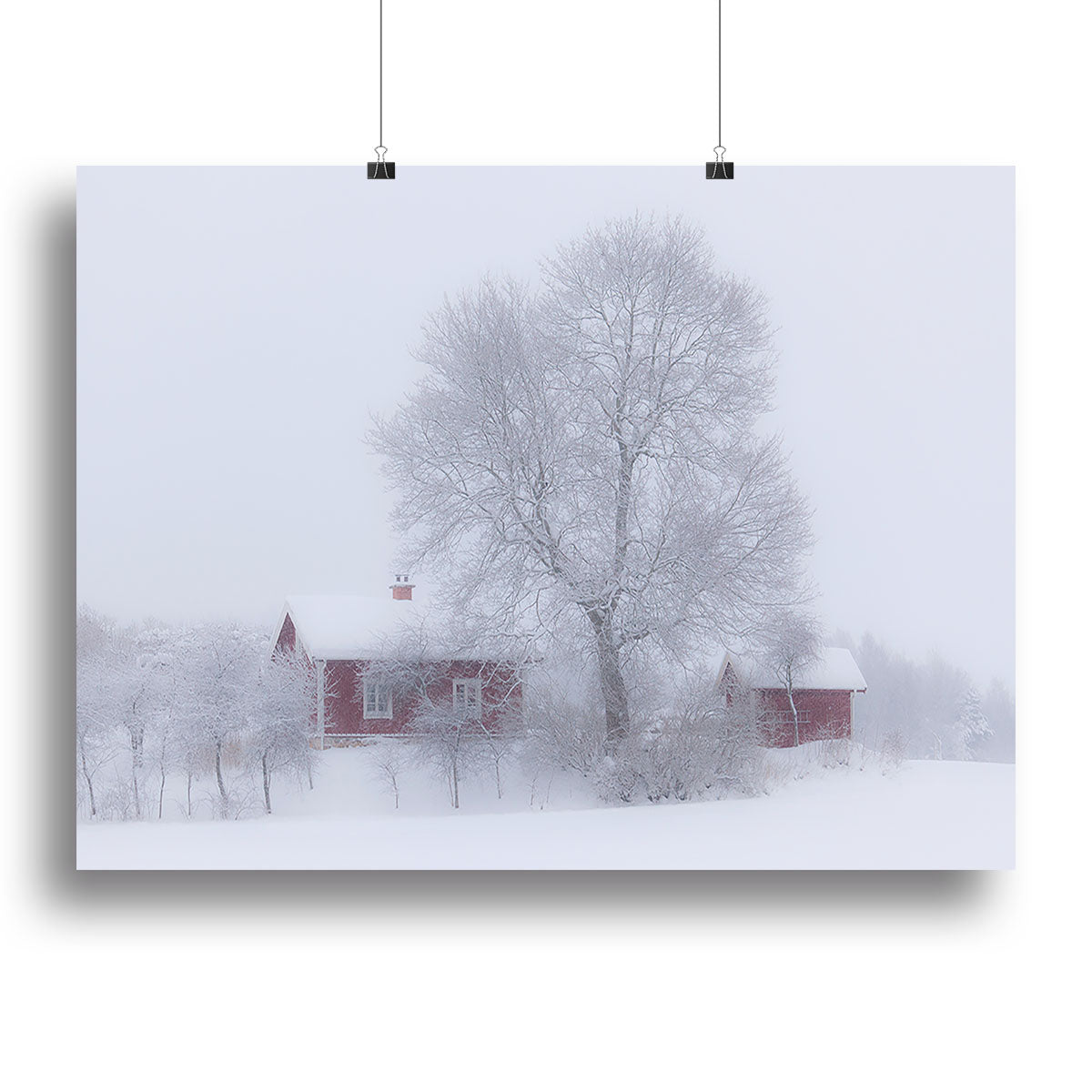 A beautiful winter landscape canvas print featuring snow-covered trees and a serene atmosphere, perfect for home decor.