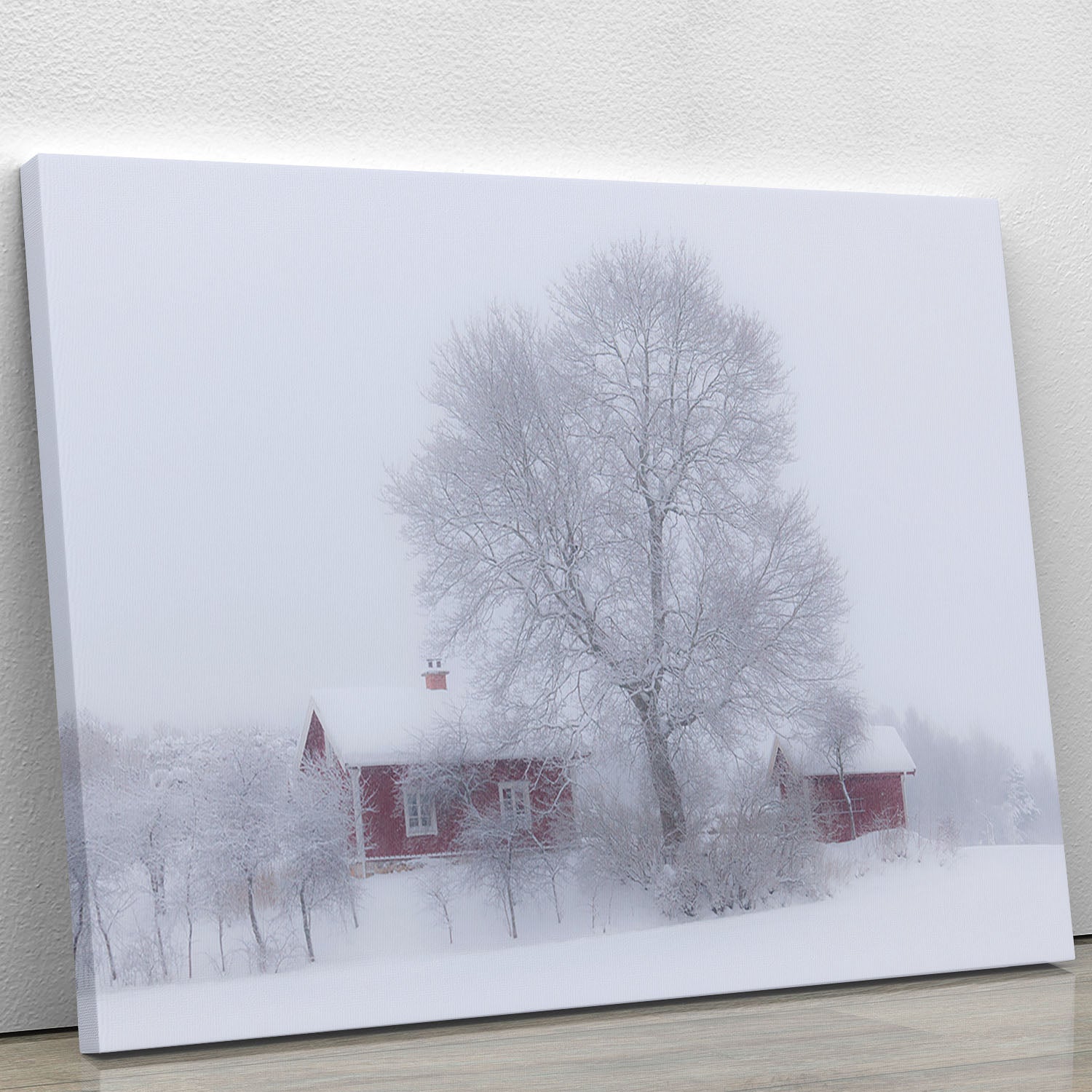 A beautiful winter landscape canvas print featuring snow-covered trees and a serene atmosphere, perfect for home decor.