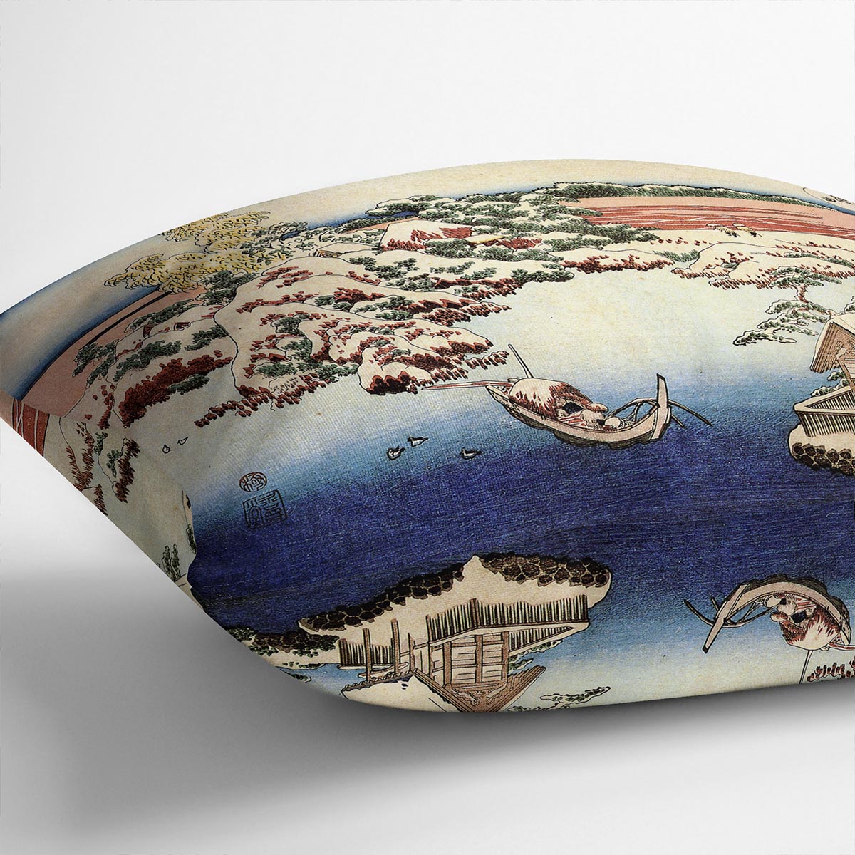 A vibrant cushion featuring Hokusai's Winter landscape of Suda design, made from luxurious vegan faux suede.