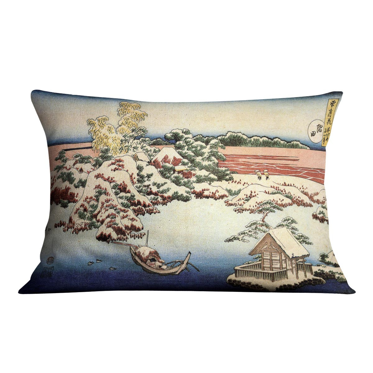 A vibrant cushion featuring Hokusai's Winter landscape of Suda design, made from luxurious vegan faux suede.