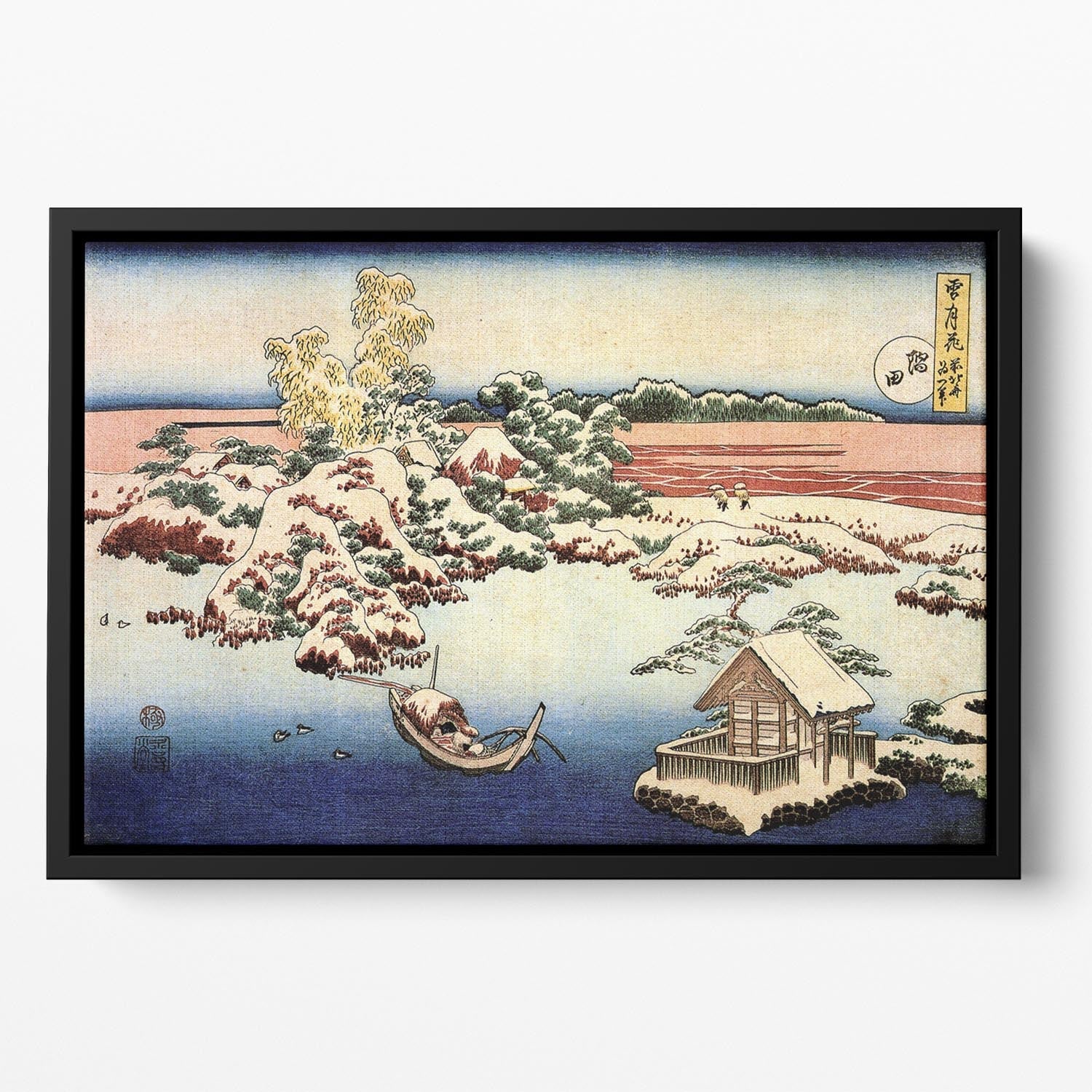 Floating framed canvas art featuring Hokusai's Winter landscape of Suda, showcasing serene winter scenery with vibrant colors.
