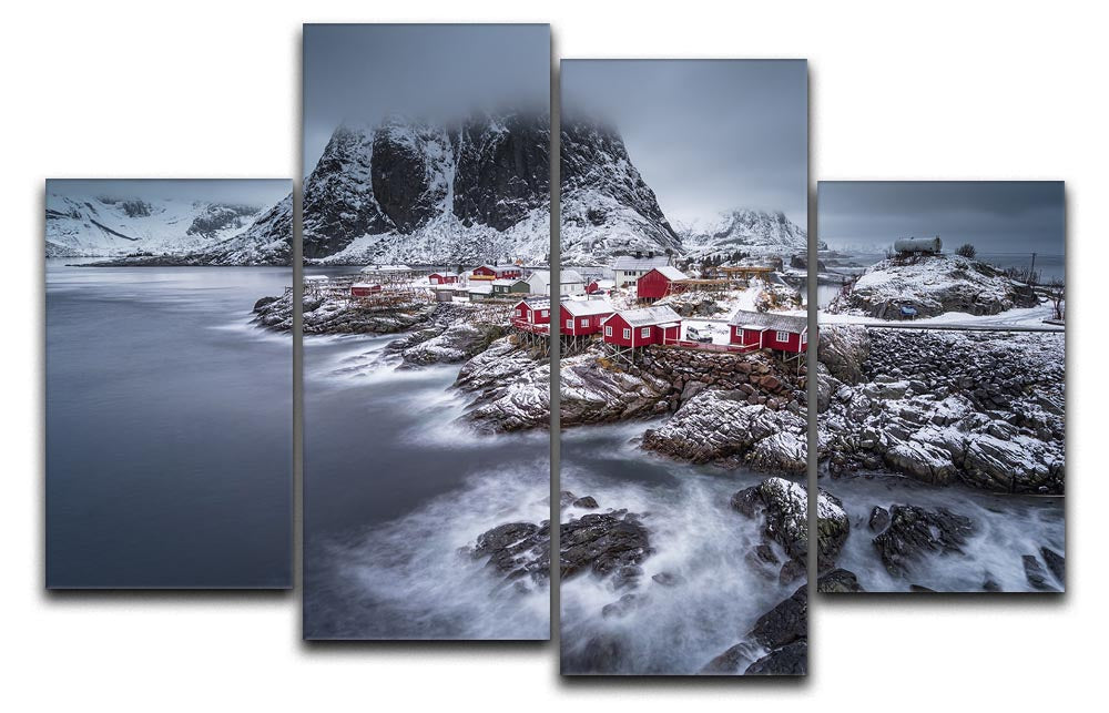 A beautiful winter landscape of the Lofoten Islands displayed in a 4-panel split canvas arrangement, showcasing snowy mountains and serene waters.