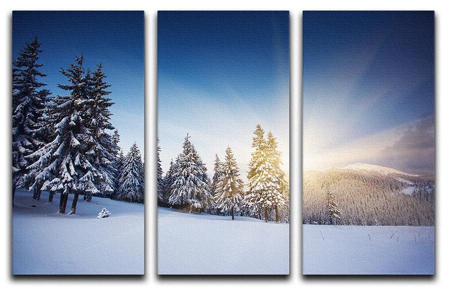 A beautiful winter mountains landscape depicted in a 3-panel canvas print, showcasing snow-covered peaks and serene scenery.