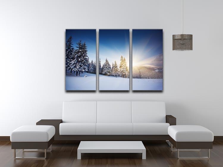 A beautiful winter mountains landscape depicted in a 3-panel canvas print, showcasing snow-covered peaks and serene scenery.