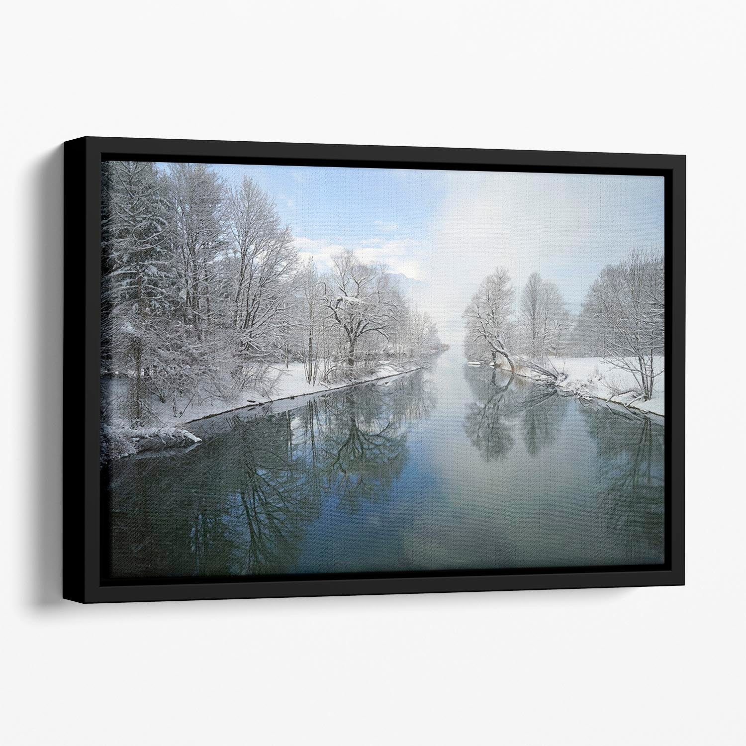 Winter River Floating Framed Canvas featuring vibrant abstract design in elegant wooden frame, perfect for home decor.
