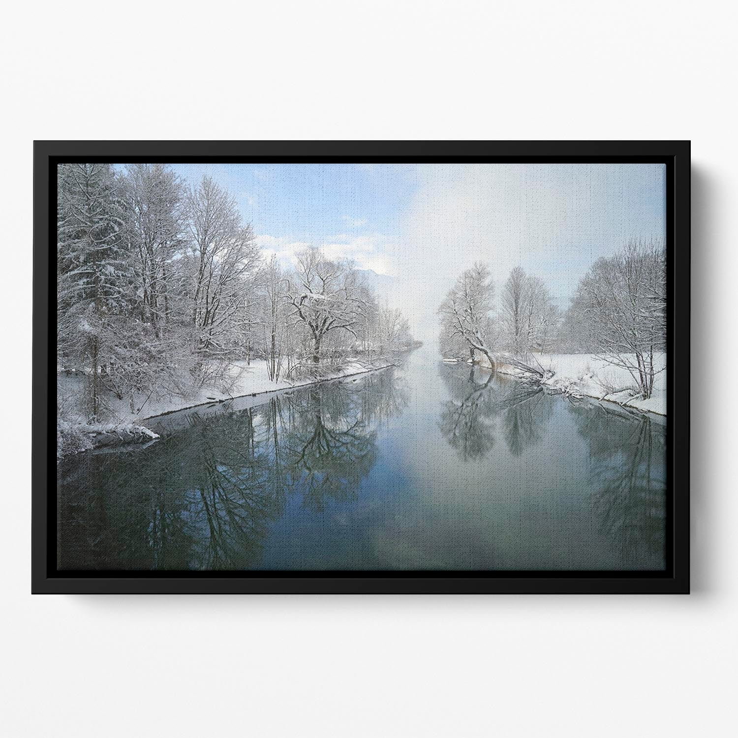Winter River Floating Framed Canvas featuring vibrant abstract design in elegant wooden frame, perfect for home decor.