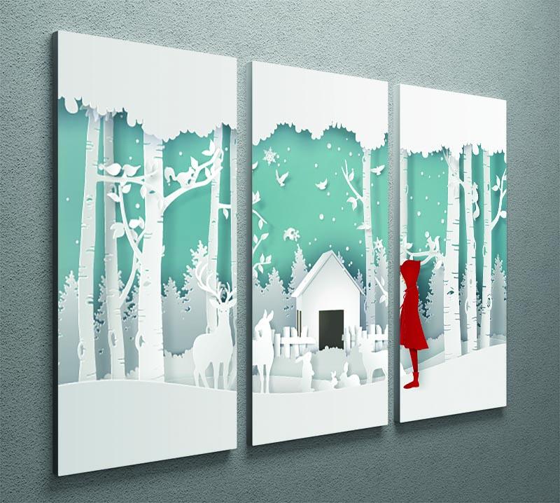 A beautiful 3-panel canvas print featuring a girl in a red coat amidst a serene winter scene, perfect for home decor.