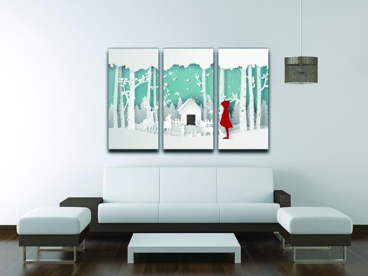A beautiful 3-panel canvas print featuring a girl in a red coat amidst a serene winter scene, perfect for home decor.