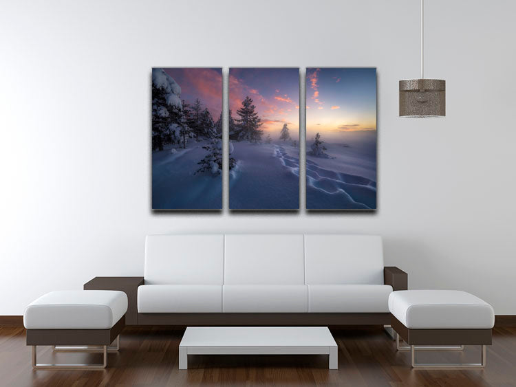 A beautiful 3-panel canvas print featuring a winter landscape, showcasing snow-covered steps leading through a serene scene.
