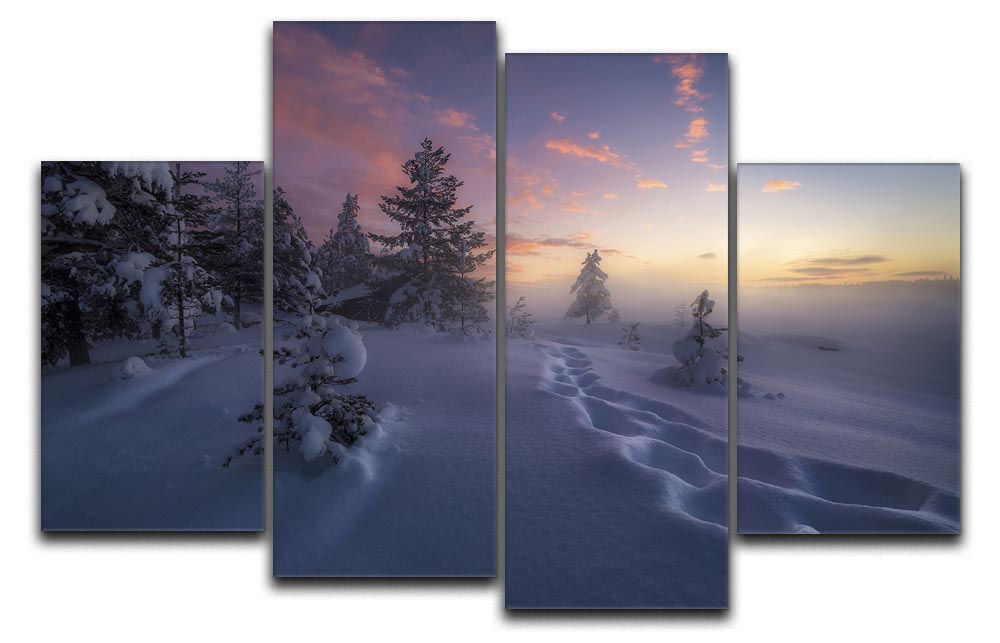 Winter Steps 4 Split Panel Canvas artwork featuring serene winter landscape divided into four panels.