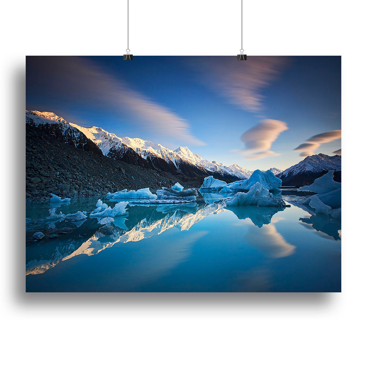 A beautiful Winter Symmetry Canvas Print showcasing a serene winter landscape with snow-covered trees and a tranquil atmosphere.