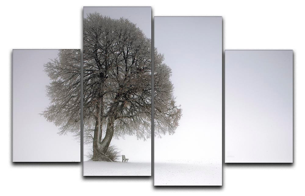 A beautiful 4-split canvas artwork featuring winter trees, showcasing a serene snowy landscape across four panels.