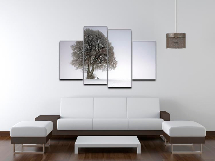 A beautiful 4-split canvas artwork featuring winter trees, showcasing a serene snowy landscape across four panels.
