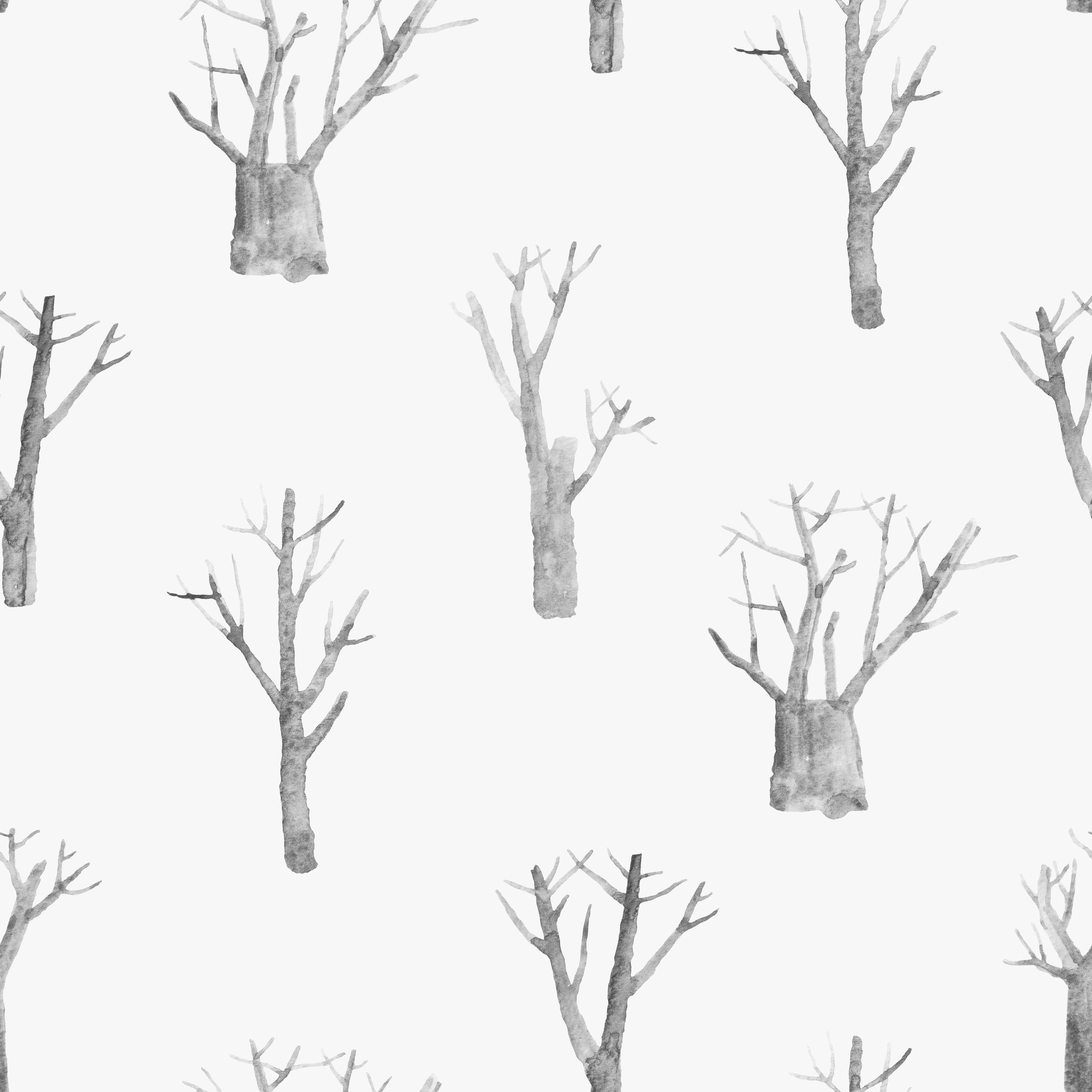 Elegant winter trees wallpaper in soothing white and grey tones, perfect for nursery bedrooms.