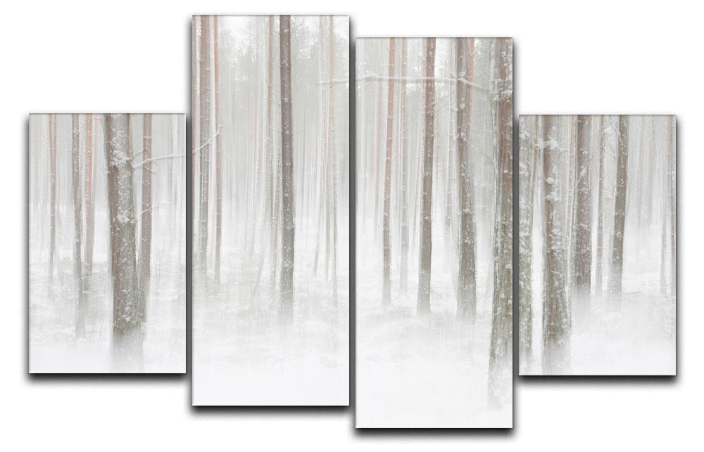 A beautiful 4-split canvas artwork depicting a serene winter forest scene, showcasing four panels that create a cohesive image.