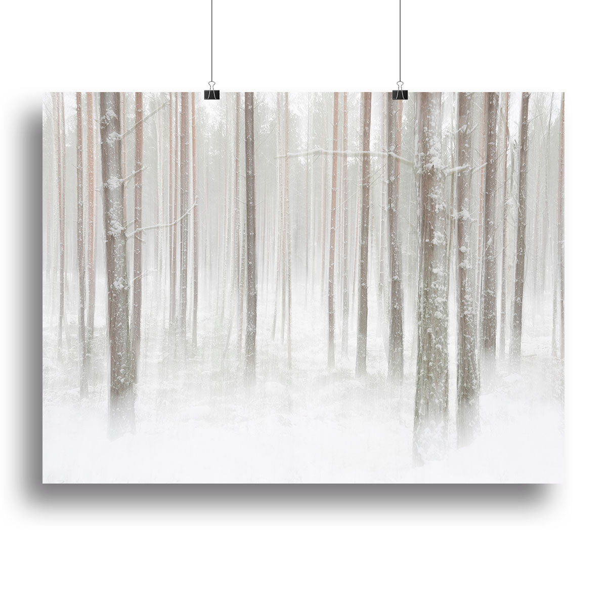 A beautiful canvas print of a serene winter forest in Sweden, showcasing snow-covered trees and a tranquil atmosphere.