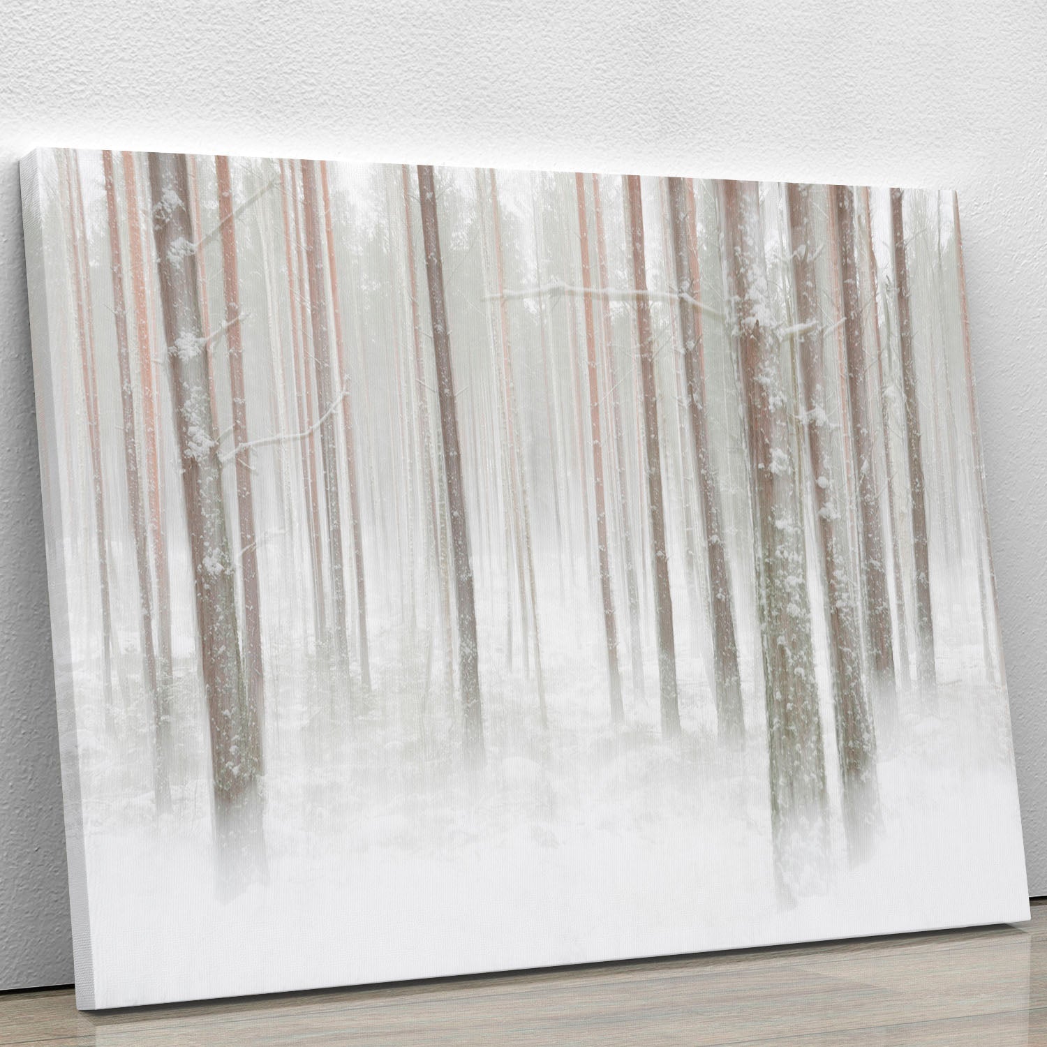A beautiful canvas print of a serene winter forest in Sweden, showcasing snow-covered trees and a tranquil atmosphere.