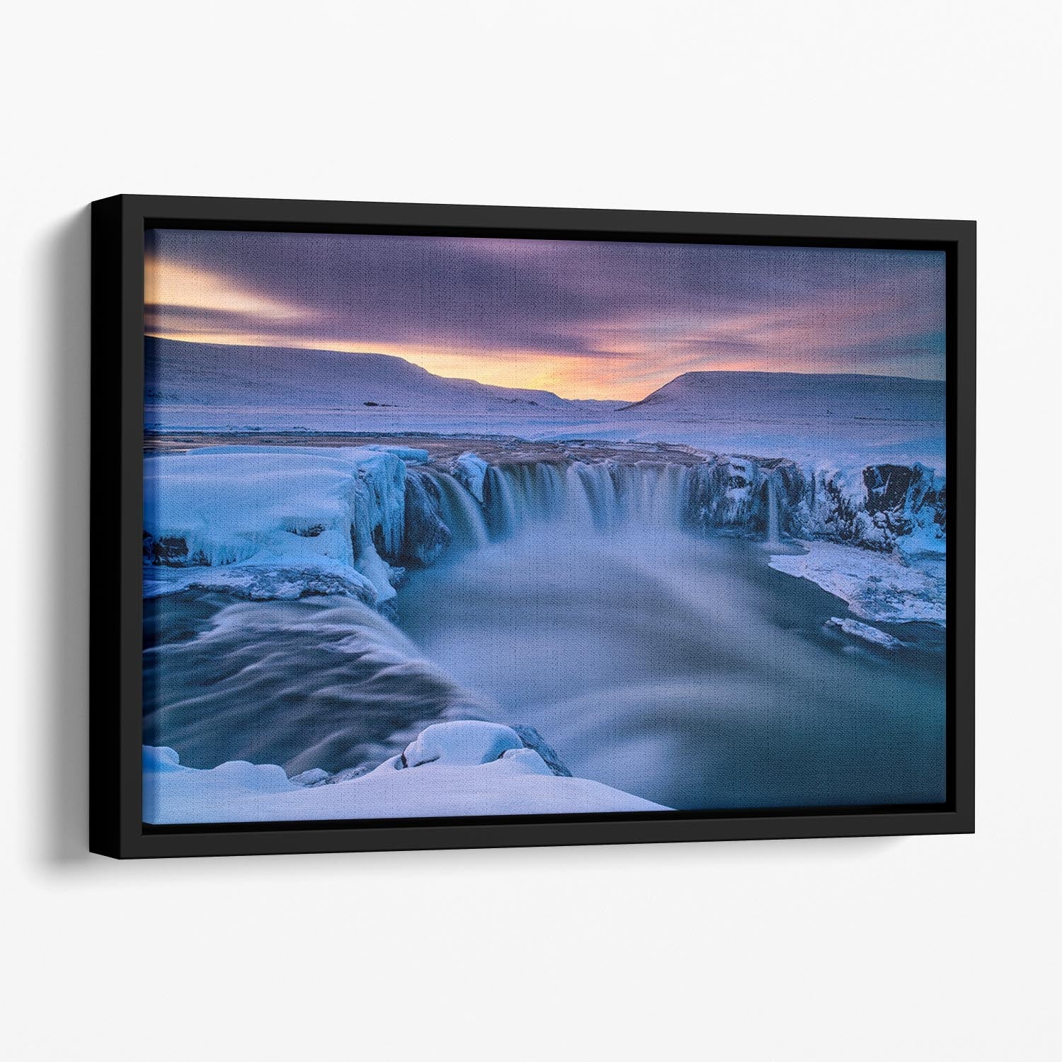 Wintry Waterfall Floating Framed Canvas featuring vibrant colors and elegant floating frame design, perfect for modern home decor.