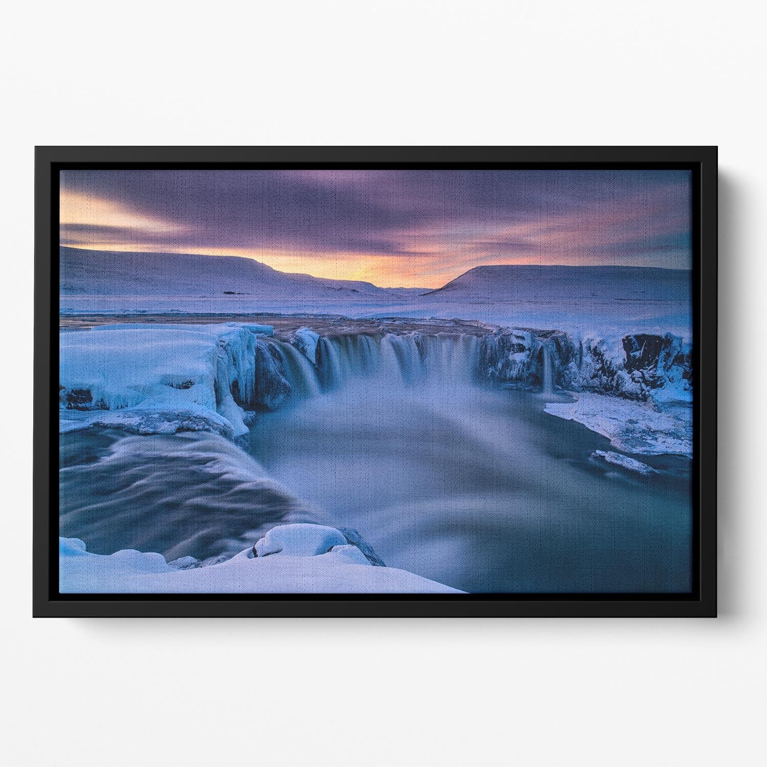 Wintry Waterfall Floating Framed Canvas featuring vibrant colors and elegant floating frame design, perfect for modern home decor.