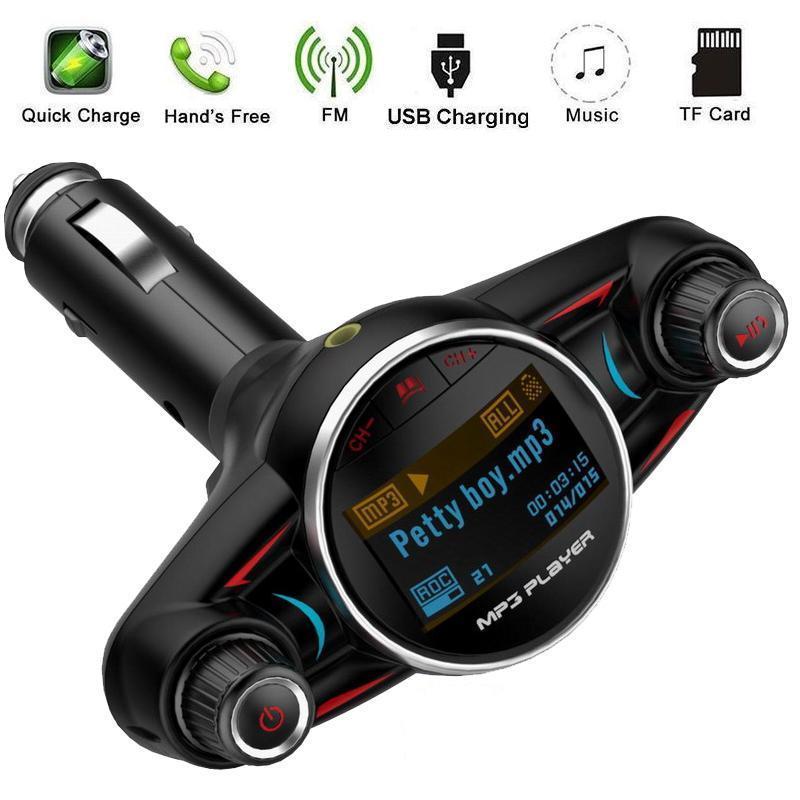 Wireless Bluetooth Car FM Transmitter with large 1.3-inch display, USB fast charger, and hands-free calling feature.