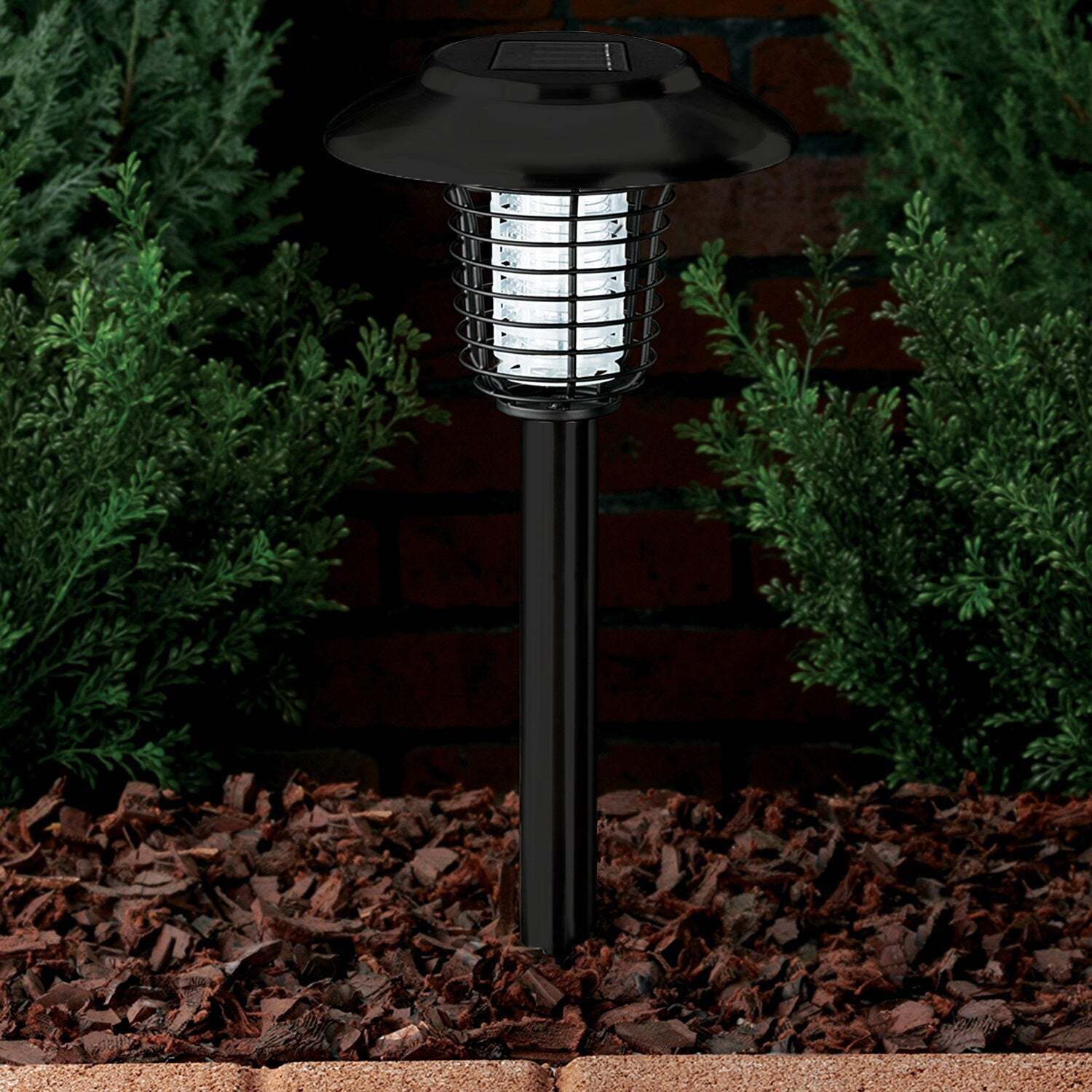 Wireless Solar-Powered Mosquito Killer Lamp in black, designed for outdoor use, featuring LED and UV light systems for insect attraction and elimination.
