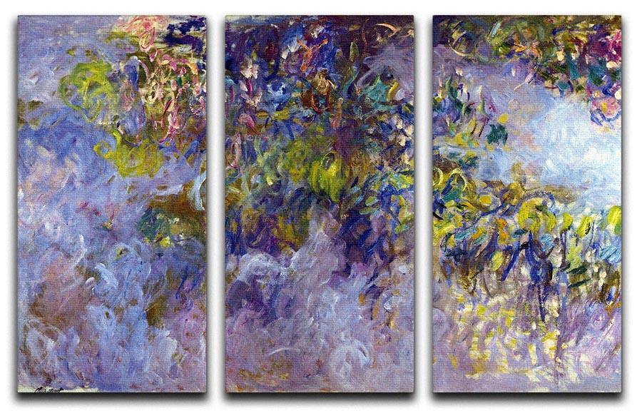 Wisteria 1 by Monet split panel canvas print featuring vibrant wisteria flowers in three panels, perfect for home decor.